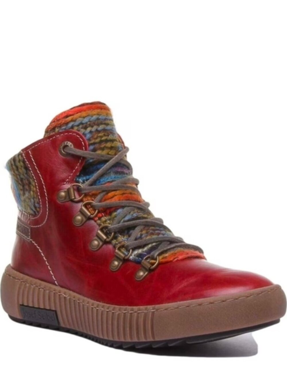 Josef Seibel Red Leather Boots with Colorful Knit Cuff Size 7US/37 EUR NWOT